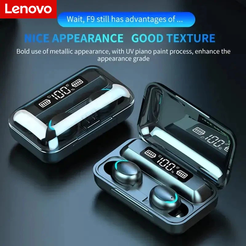Wireless Earbuds Case - หูฟังไร้สายบลูทูธ Lenovo F9 - กล่องชาร์จความจุสูงและหน้าจอดิจิตอล, หูฟังสำหรับเล่นเกมแบตเตอรี่ใช้งานได้ยาวนาน